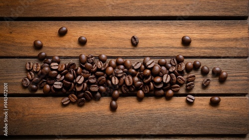 Roasted Coffee Beans Arranged on a Rustic Wood Surface: A Naturally Appetizing Still Life Photograph.