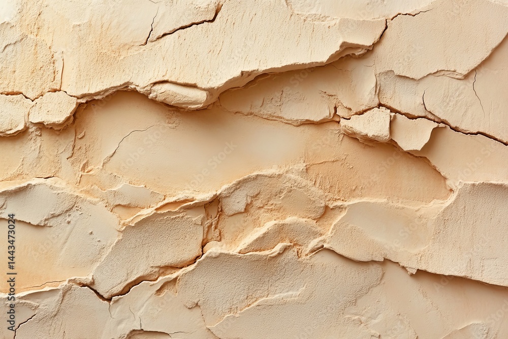 Obraz premium The design incorporates a close-up of a light brown, beige, and white concrete wall surface, with a grunge texture background, highlighting old, rough, broken, damaged, crumbled, and dirty paint, and