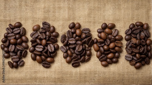 A Visual Comparison of Different Coffee Bean Roasts, Featuring a Range from Light to Dark on Burlap Fabric.