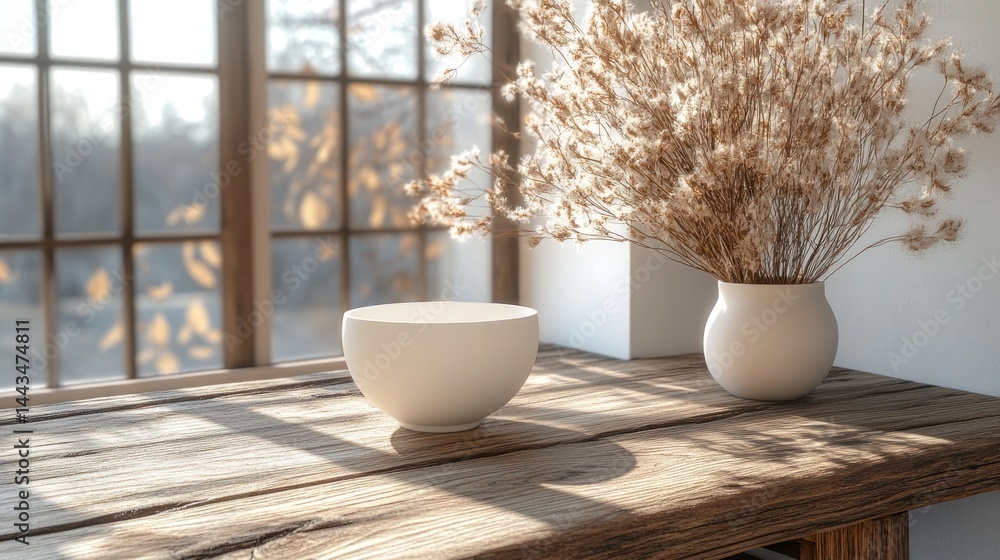 Sunlit Serenity: A Tranquil Window Scene with Dried Flowers and Minimalist Decor Sunlit Serenity: A Tranquil Window Scene with Dried Flowers and Minimalist Decor
