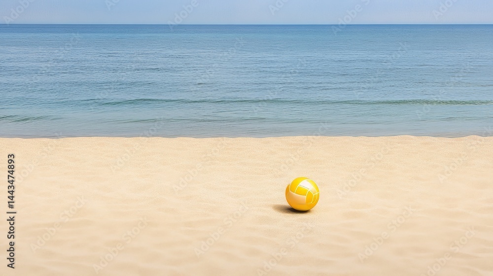 A yellow beach ball is sitting on the sand. The beach is next to the ocean. The sky is blue and clear A yellow beach ball is sitting on the sand. The beach is next to the ocean. The sky is blue and clear
