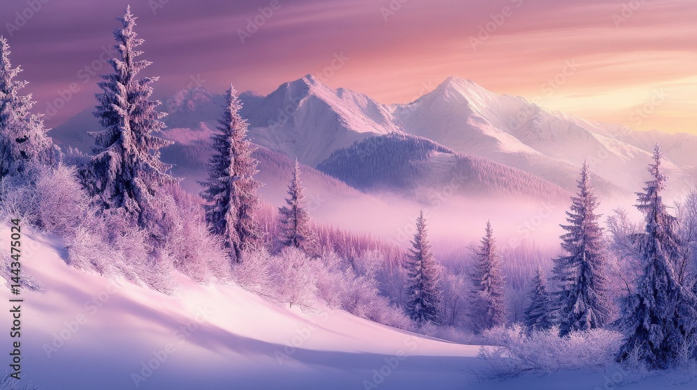 Obraz premium The peaceful elegance of a winter mountain, bathed in the soft glow of sunrise.