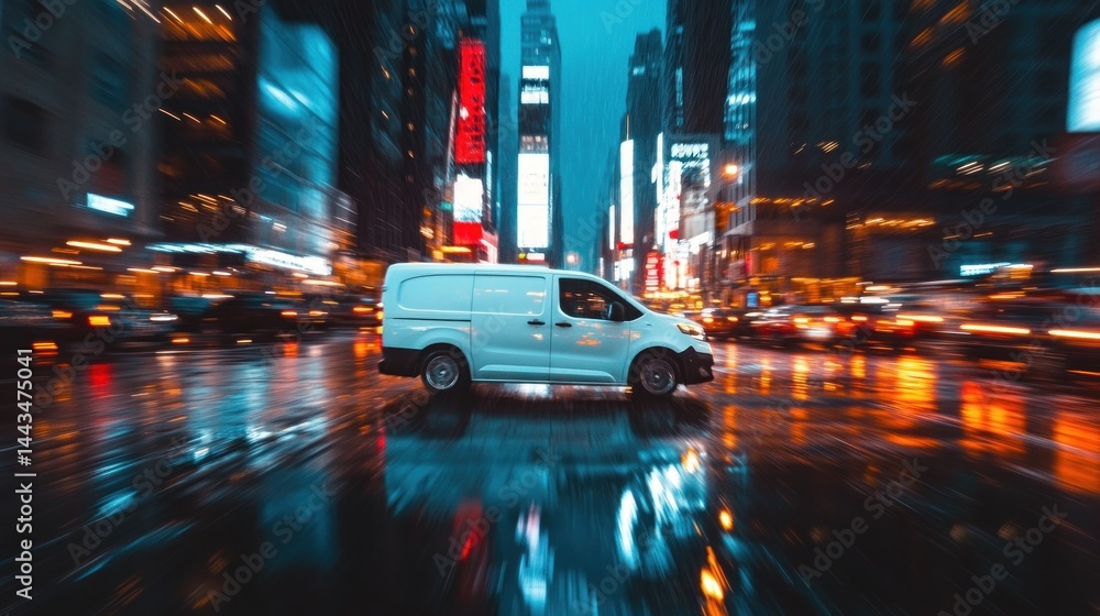 Obraz premium White Van Speeding Through a Rain-Soaked City at Night