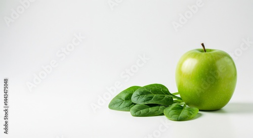 Fresh green apple with spinach leaves on a white background  
