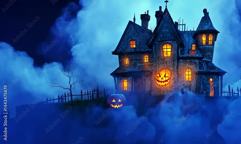 Spooky haunted house with glowing pumpkins in a foggy night. Perfect for Halloween themed projects. Spooky haunted house with glowing pumpkins in a foggy night. Perfect for Halloween themed projects.