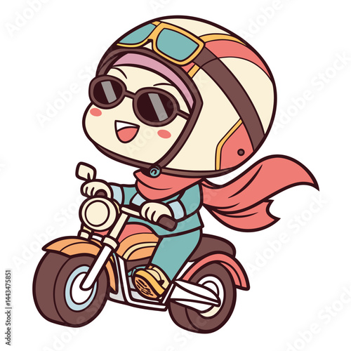 Cute cartoon character riding a motorcycle