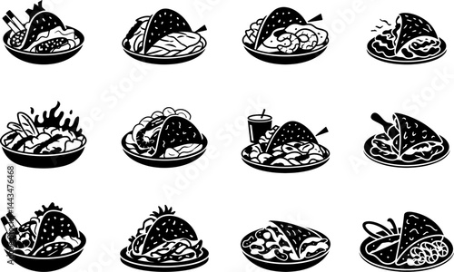 Taco Bowl Icons  Delicious Black and White Designs Food Vector Set
