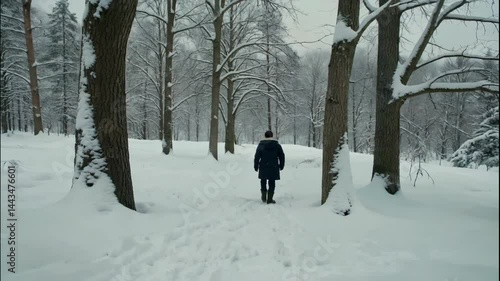 Person Walking in a Snowy Forest