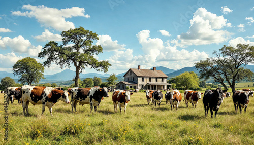 Wallpaper Mural Cows grazing in a peaceful pasture near a farmhouse under a bright blue sky with fluffy clouds Torontodigital.ca