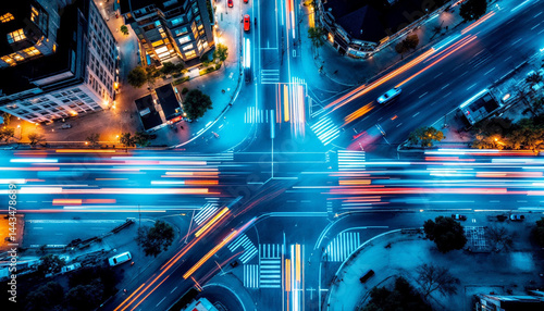 Nighttime city intersection with light trails from vehicles and illuminated buildings