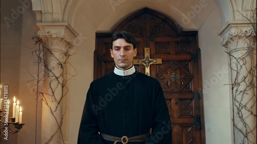 Priest Standing in Front of Church Door