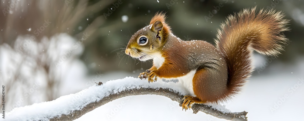 Fototapeta premium A red squirrel sits on a snow covered tree branch