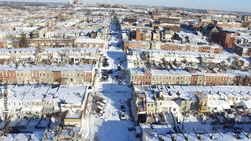 Aerial View of Snow-Covered Row Homes in Baltimore City, Maryland – Patterson Park, Canton, Fells Point