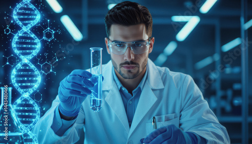 A focused scientist in a lab coat and glasses examines a test tube while a holographic DNA sequence floats behind him, suggesting cutting-edge genetic research.
