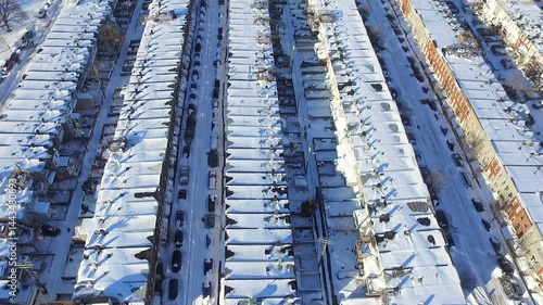Aerial View of Snow-Covered Row Homes in Baltimore City, Maryland – Patterson Park, Canton, Fells Point