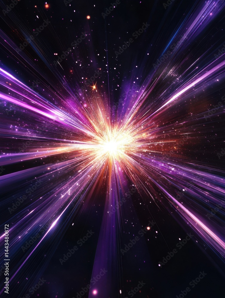 Fototapeta premium Abstract background with a bright star exploding and generating purple light streaks on black background. High quality photo