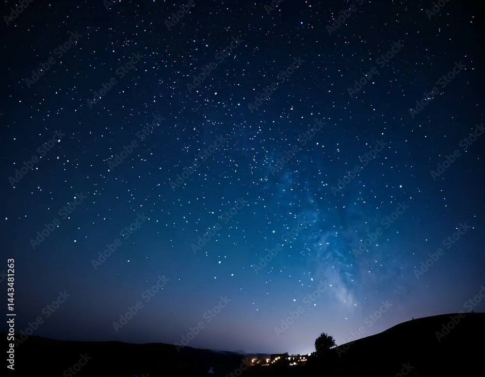 Obraz premium Starry night sky over silhouette landscape, glowing milky way in dark night, cosmic view above peaceful horizon, celestial, twinkle, light, glow, deep, blue, cosmic, serene, peaceful, dream, quiet