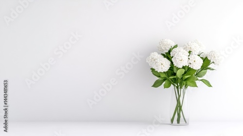 Wallpaper Mural A bouquet of white flowers in a clear glass vase standing on a minimalist white surface, elegant and simple composition, and serene indoor setting. Torontodigital.ca