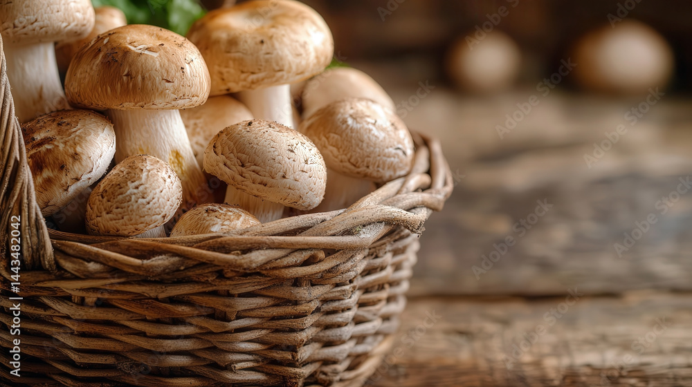 A woven basket filled with various fresh mushrooms showcasing intricate macro details under studio lighting in earthy tones A woven basket filled with various fresh mushrooms showcasing intricate macro details under studio lighting in earthy tones