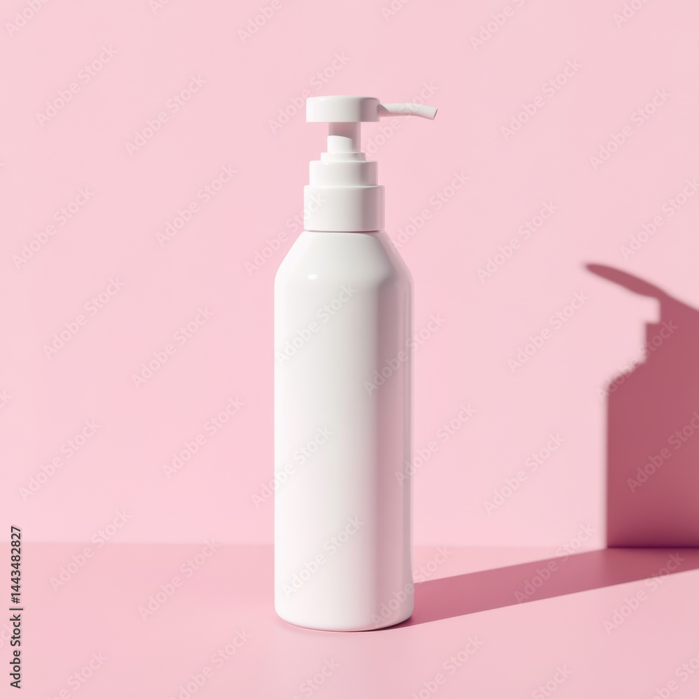 Minimalist white lotion bottle on a soft pink background, casting a gentle shadow. Minimalist white lotion bottle on a soft pink background, casting a gentle shadow.
