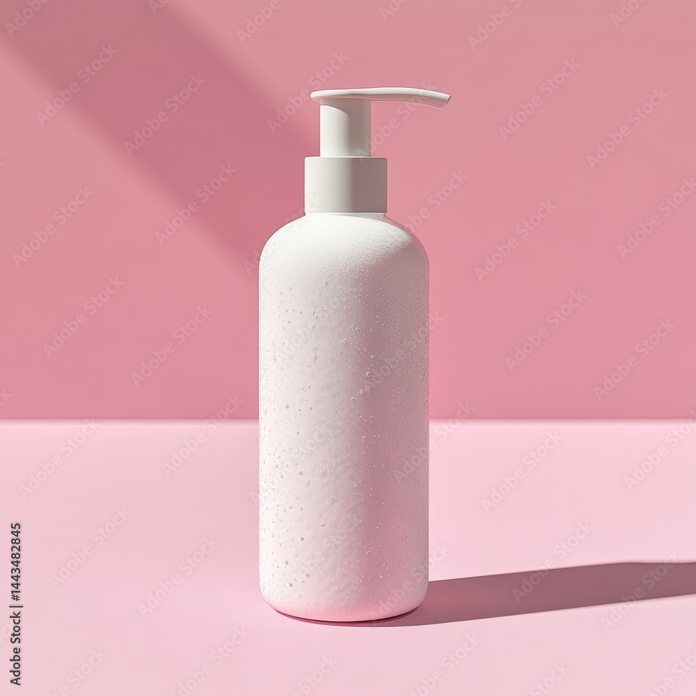 A sleek white lotion bottle with a pump in front of a soft pink background, evoking a fresh and modern feel. A sleek white lotion bottle with a pump in front of a soft pink background, evoking a fresh and modern feel.