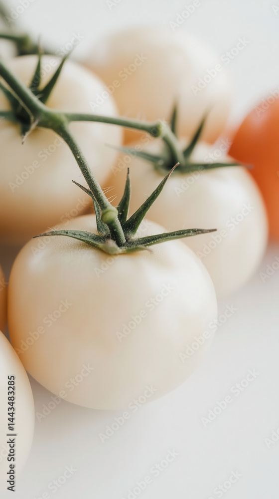 White tomatoes of various shapes displayed on a white table, showcasing their unique forms and textures in a bright, minimalist setting White tomatoes of various shapes displayed on a white table, showcasing their unique forms and textures in a bright, minimalist setting