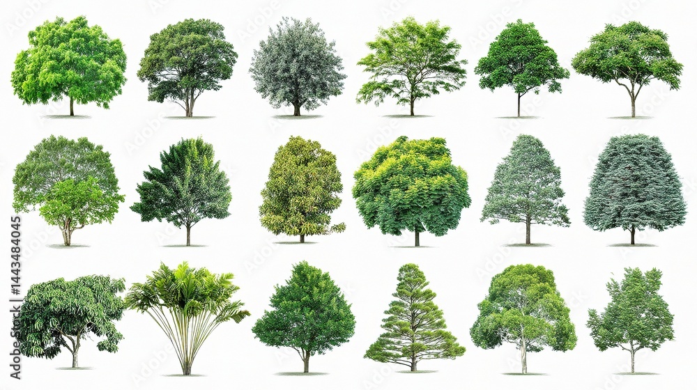Fototapeta premium Collection of Diverse Tree Varieties Isolated on White Background