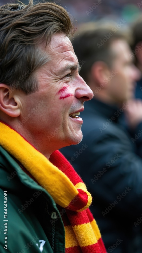 A close-up of a fan's face streaked with tears of disappointment, their team's scarf clutched tightly