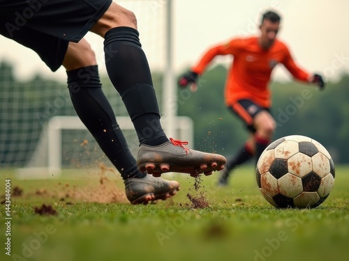 Obraz na płótnie A close-up of a football player mid-kick, the ball compressing against their foot, mud flying off the ground as the goalkeeper w salonie