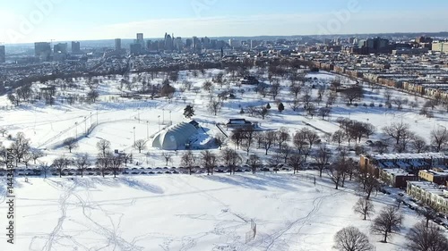 Aerial View of Snow-Covered Patterson Park in Baltimore City, Maryland  Canton, Fells Point, Highlandtown