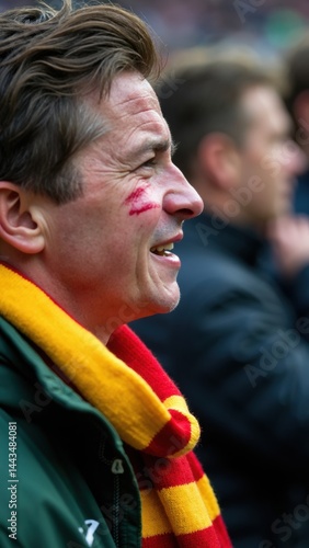 Obraz na płótnie A close-up of a fan's face streaked with tears of disappointment, their team's scarf clutched tightly w salonie