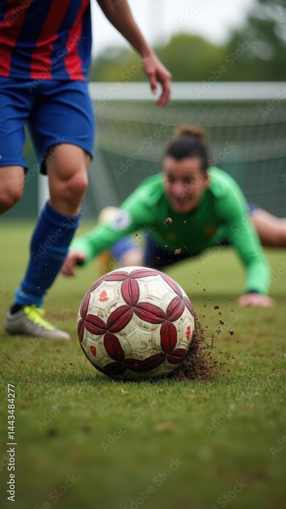 A close-up of a football player mid-kick, the ball compressing against their foot, mud flying off the ground as the goalkeeper