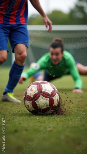 Obraz na płótnie A close-up of a football player mid-kick, the ball compressing against their foot, mud flying off the ground as the goalkeeper w salonie