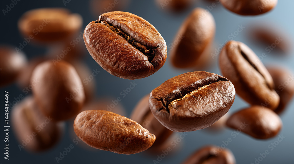 Fototapeta premium Close-Up of Coffee Beans in Mid-Air with Blue Background