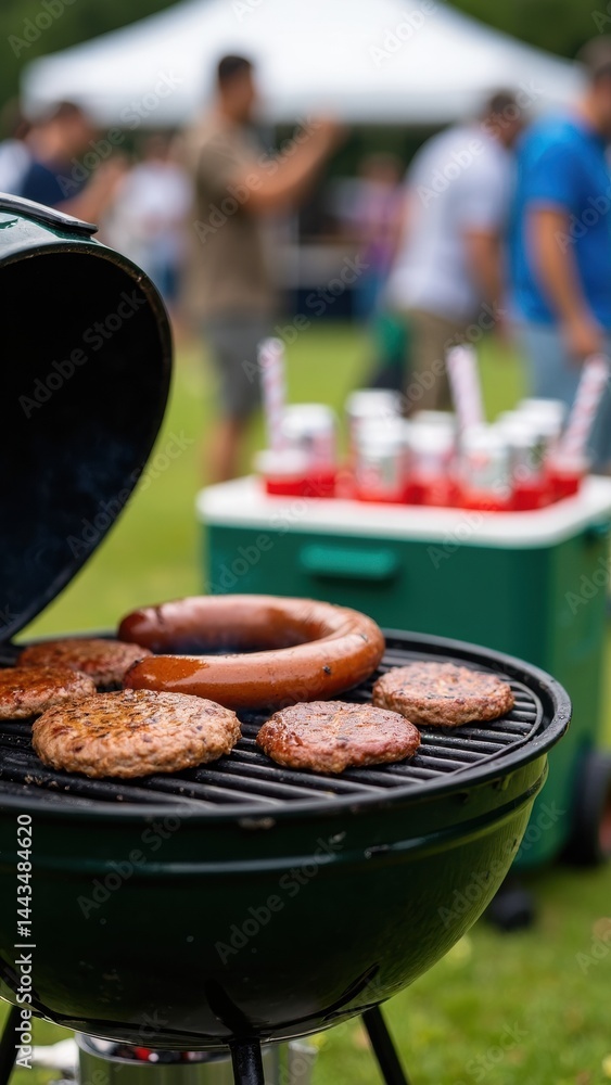 Grill is cooking hamburgers and hot dogs. There are several people in the background, some of whom are standing near a cooler
