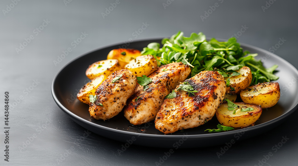 Grilled Chicken Cutlets Served with Crispy Potatoes and Fresh Salad on a Dark Plate Grilled Chicken Cutlets Served with Crispy Potatoes and Fresh Salad on a Dark Plate