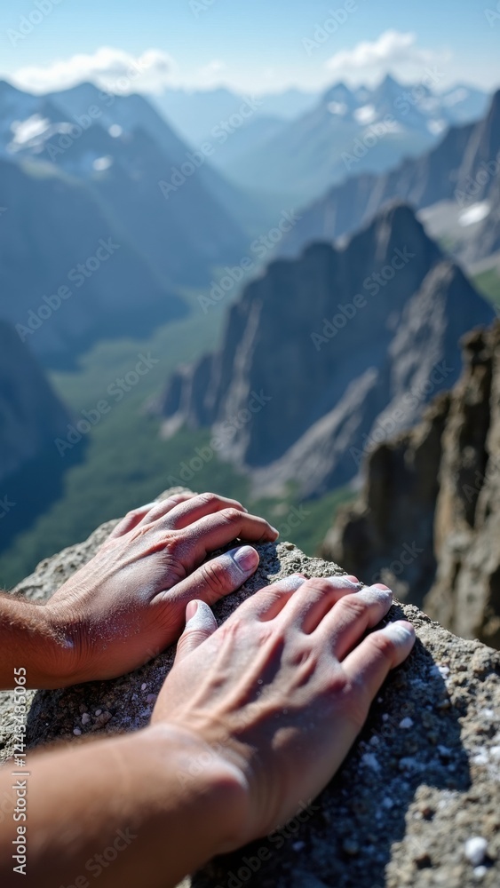 Person's hands are on a rock, with mountains in the background. Concept of adventure and exploration