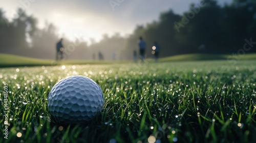 A close-up of a golf ball with dew on grass, surrounded by golfers in the background during early morning light.