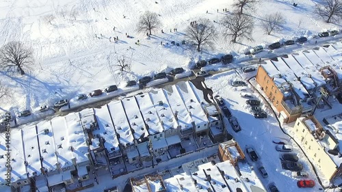 Aerial View of Snow-Covered Row Homes in Baltimore City, Maryland – Patterson Park, Canton, Fells Point Car Driving