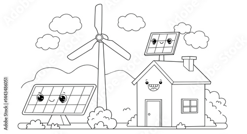 Cute smiling wind turbine and solar panel providing energy to a house, coloring page for kid, eco-friendly theme