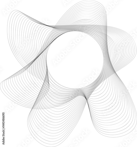 Spiral frame with hollow center, composed of fluid lines forming a circular mesh with dynamic curves.