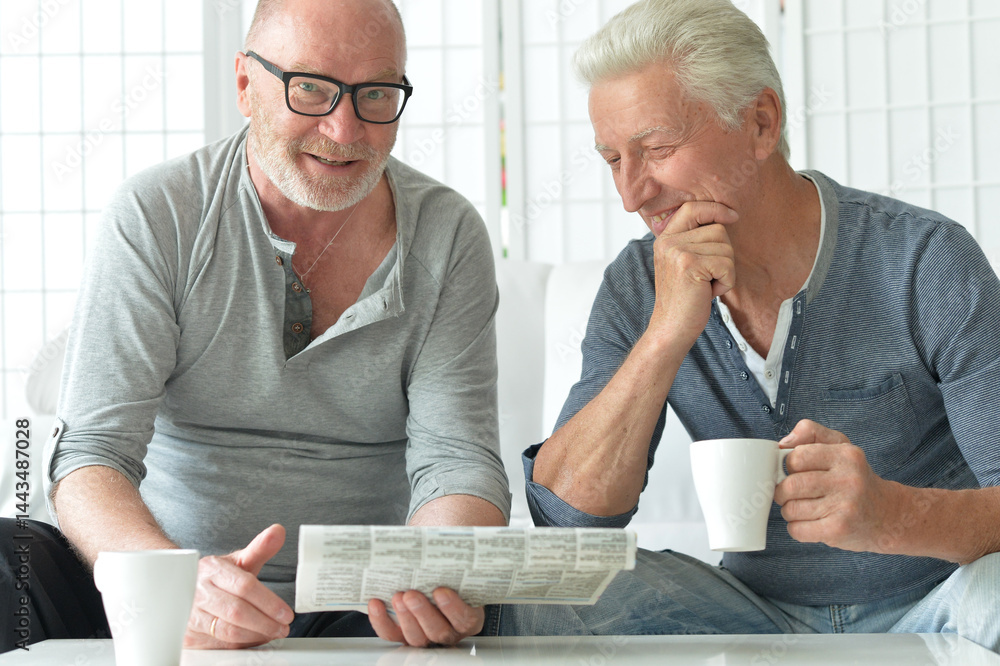 Two old men sitting at table and discussing news