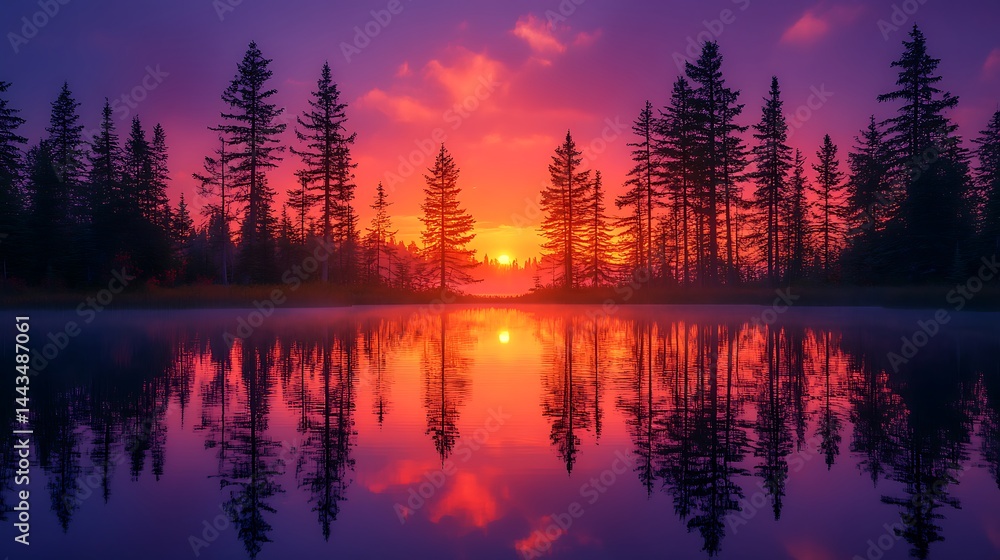 Obraz premium Sunset lake trees calm serene high resolution hd photo