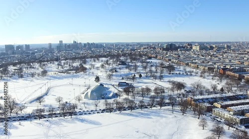 Aerial View of Snow-Covered Patterson Park in Baltimore City, Maryland  Canton, Fells Point, Highlandtown