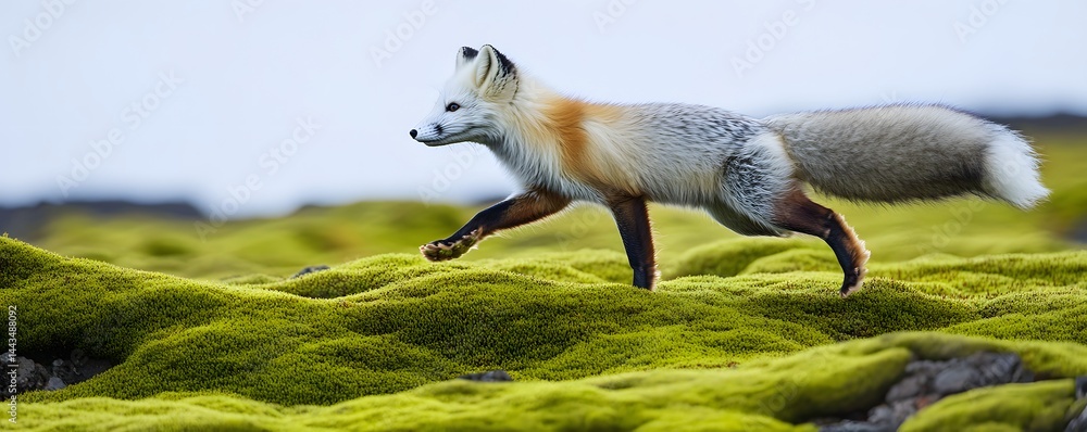 Arctic fox in partial summer coat running across mossy landscape Arctic fox in partial summer coat running across mossy landscape