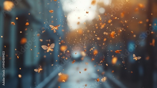 Particles of flower pollen fly in the air on a city street. Spring blossoms, aggravation of allergies in allergy sufferers