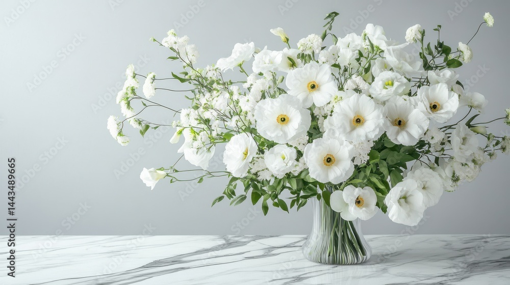 A bouquet of white flowers arranged on a marble surface A bouquet of white flowers arranged on a marble surface