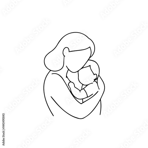 Mother Embracing Baby in Line Art Style  