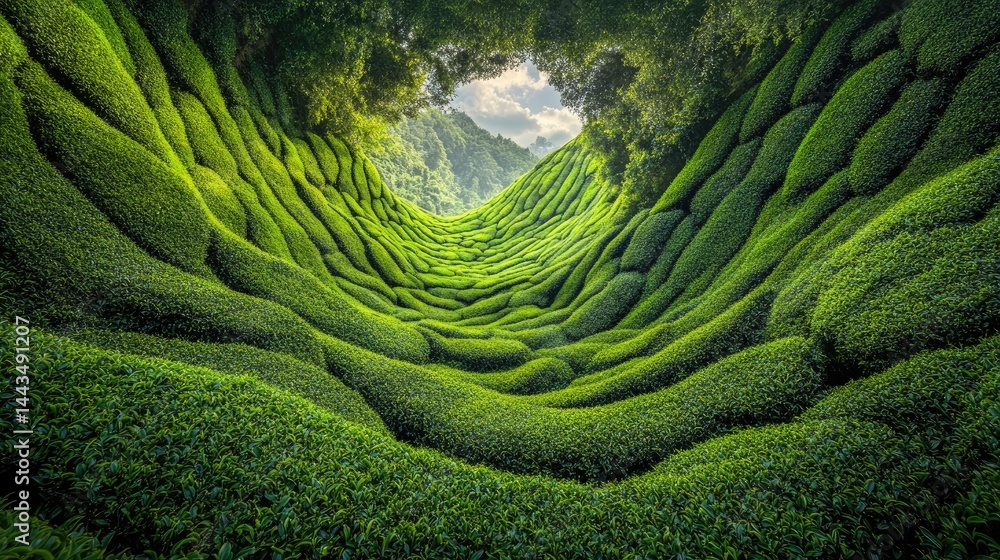 View from within a tea plantation looking up toward the sky through rows of vibrant green bushes.