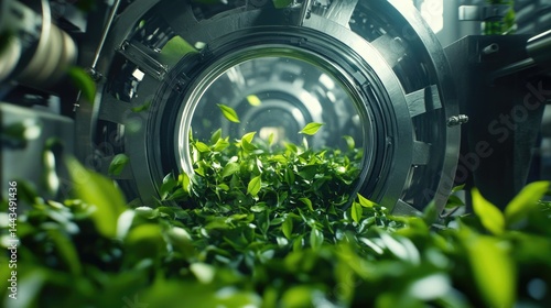View of tea being processed inside a mechanized rolling drum, with green leaves tumbling inside.